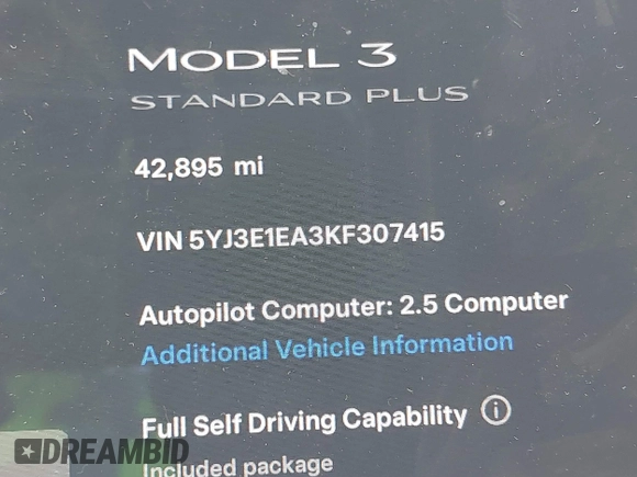 2019 Tesla Model 3 Mid Range with VIN 5YJ3E1EA3KF307415, listed as a IAAI auction lot 41673239 with 42,895 mi miles and . Bid and sale history available at DreamBid. Image 15.
