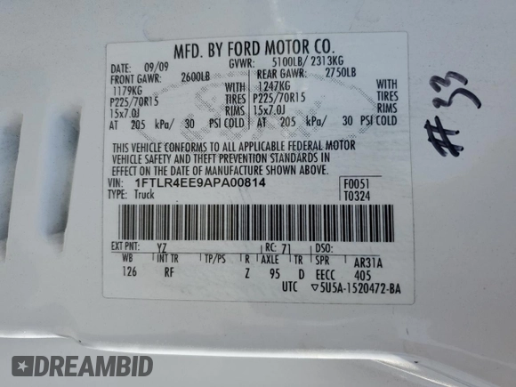 2010 Ford Ranger XLT with VIN 1FTLR4EE9APA00814, listed as a Copart auction lot 56245315 with Not provided miles and Salvage title. Bid and sale history available at DreamBid. Image 12.