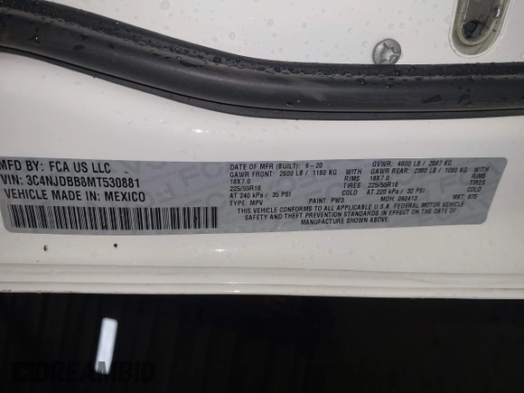 2021 Jeep Compass Latitude z VIN 3C4NJDBB8MT530881, wystawiony jako IAAI lot #42159145 z przebiegiem Nie podano mil oraz . Historia ofert i sprzedaży dostępna na DreamBid. Obrazek 9.