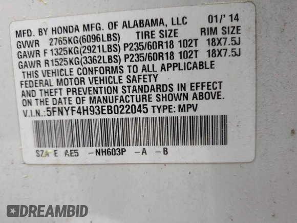 2014 Honda Pilot Touring z VIN 5FNYF4H93EB022045, wystawiony jako IAAI lot #42060815 z przebiegiem Nie podano mil oraz . Historia ofert i sprzedaży dostępna na DreamBid. Obrazek 9.