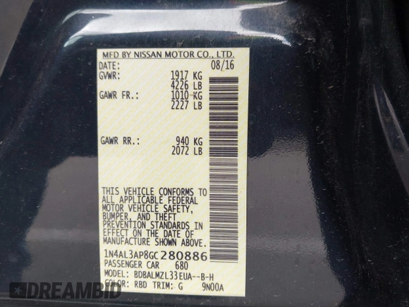 2016 Nissan Altima S with VIN 1N4AL3AP8GC280886, listed as a IAAI auction lot 42027108 with 119,687 mi miles and . Bid and sale history available at DreamBid. Image 9.