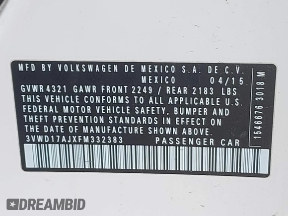 2015 Volkswagen Jetta SE with VIN 3VWD17AJXFM332383, listed as a IAAI auction lot 42237296 with 119,393 mi miles and . Bid and sale history available at DreamBid. Image 9.