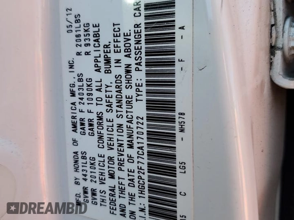 2012 Honda Accord EX с VIN 1HGCP2F77CA170722, выставлен на аукционе Copart как лот 54823045 с пробегом 191 455 миль миль и Списание • Salvage title. История ставок и продаж доступна на DreamBid. Изображение 13.