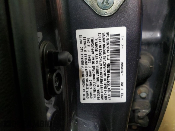 2015 Honda Civic EX-L z VIN 19XFB2F97FE103406, wystawiony jako Copart lot #48545965 z przebiegiem 112 838 mil mil oraz Szkoda całkowita • Salvage title. Historia ofert i sprzedaży dostępna na DreamBid. Obrazek 13.