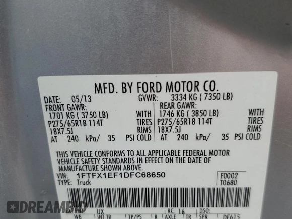 2013 Ford F-150 XL with VIN 1FTFX1EF1DFC68650, listed as a Copart auction lot 55537065 with 166,929 mi miles and Salvage Title. Bid and sale history available at DreamBid. Image 12.