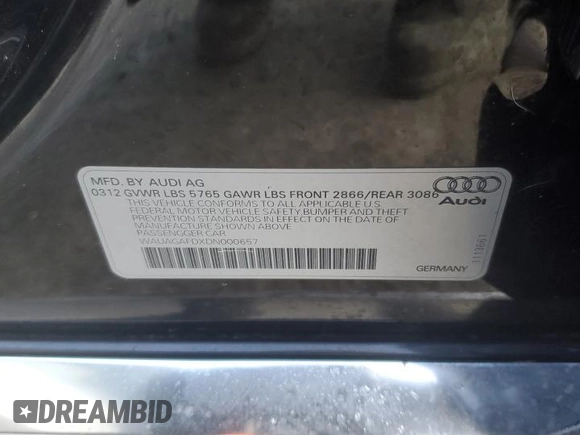 2013 Audi A8 3.0L with VIN WAUAGAFDXDN000657, listed as a Copart auction lot 42992755 with 154,426 mi miles and Salvage title. Bid and sale history available at DreamBid. Image 14.
