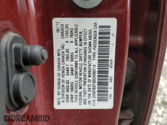 2012 Honda Civic LX with VIN 2HGFB2F56CH590113, listed as a Copart auction lot 51314825 with 168,156 mi miles and Salvage Title. Bid and sale history available at DreamBid. Image 14.