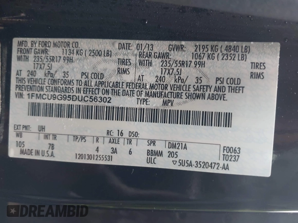 2013 Ford Escape SE with VIN 1FMCU9G95DUC56302, listed as a IAAI auction lot 42553915 with 151,390 mi miles and . Bid and sale history available at DreamBid. Image 9.