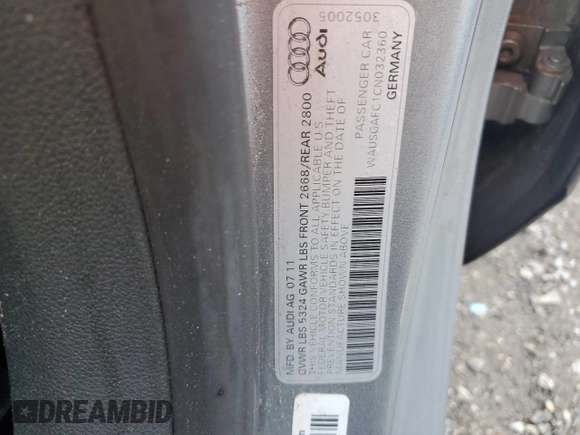 2012 Audi A7 3.0 Prestige with VIN WAUSGAFC1CN032360, listed as a Copart auction lot 52434755 with 0 mi miles and Salvage Title. Bid and sale history available at carsss.com. Image 13.