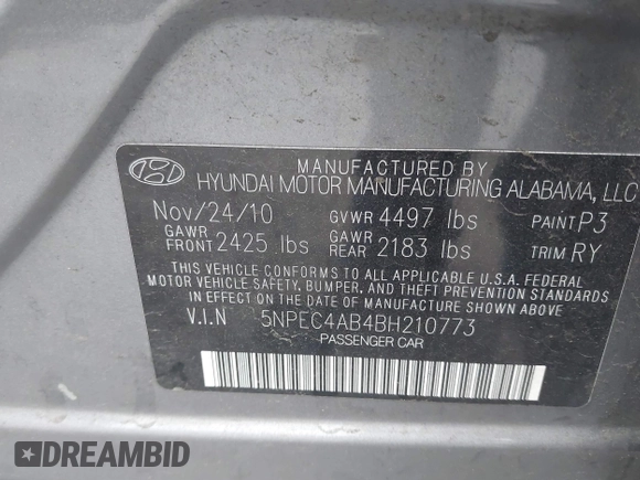 2011 Hyundai Sonata Limited with VIN 5NPEC4AB4BH210773, listed as a IAAI auction lot 41772077 with 141,463 mi miles and . Bid and sale history available at carsss.com. Image 9.