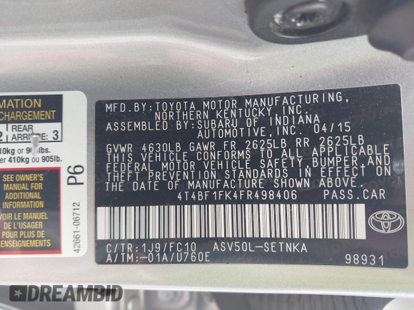 2015 Toyota Camry XLE with VIN 4T4BF1FK4FR498406, listed as a IAAI auction lot 41945968 with 178,070 mi miles. Bid and sale history available at carsss.com. Image 9.