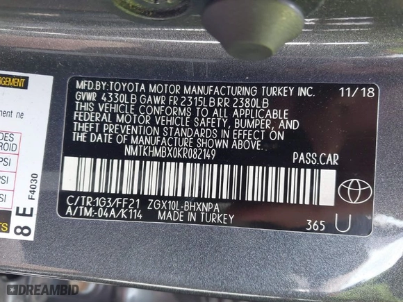 2019 Toyota C-HR XLE with VIN NMTKHMBX0KR082149, listed as a IAAI auction lot 41601379 with 79,765 mi miles. Bid and sale history available at carsss.com. Image 9.