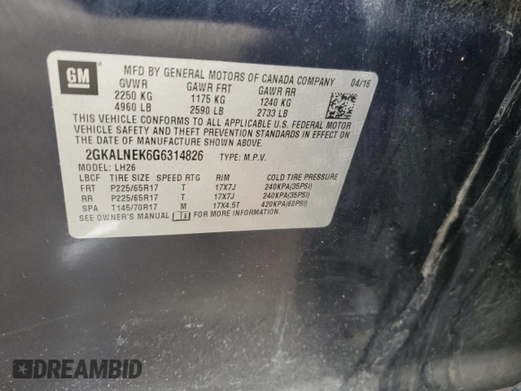 2016 GMC Terrain SLE with VIN 2GKALNEK6G6314826, listed as a Copart auction lot 47318165 with 124,745 mi miles and Salvage Title. Bid and sale history available at carsss.com. Image 15.