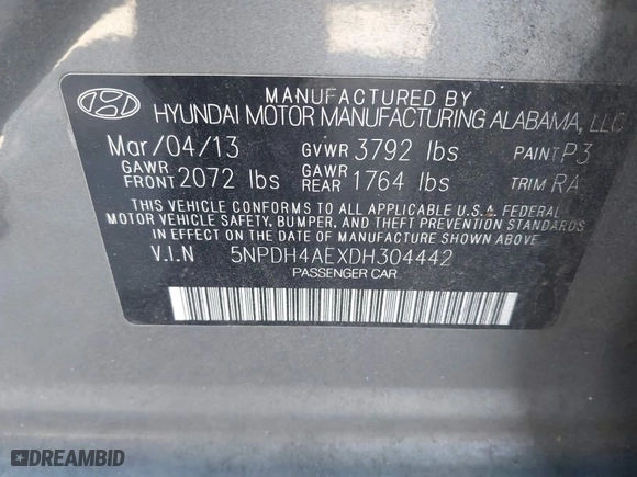 2013 Hyundai Elantra GLS PZEV with VIN 5NPDH4AEXDH304442, listed as a IAAI auction lot 41136472 with 182,800 mi miles. Bid and sale history available at carsss.com. Image 9.