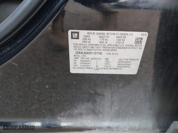 2015 Chevrolet Equinox LS with VIN 2GNALAEKXF1151749, listed as a IAAI auction lot 42006592 with 264,752 mi miles. Bid and sale history available at carsss.com. Image 9.