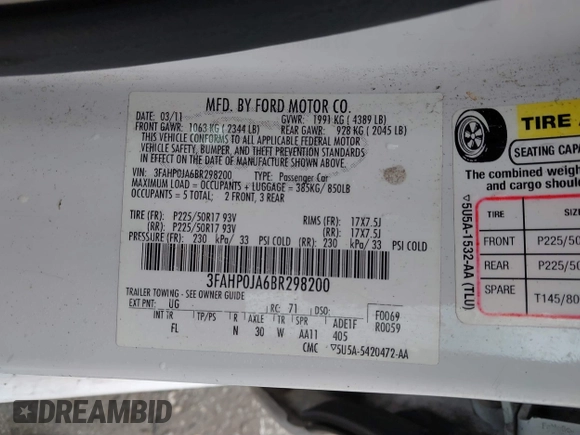2011 Ford Fusion SEL with VIN 3FAHP0JA6BR298200, listed as a IAAI auction lot 41714463 with 131,391 mi miles. Bid and sale history available at carsss.com. Image 9.