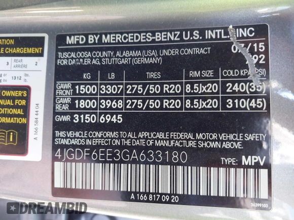 2016 Mercedes-Benz GL with VIN 4JGDF6EE3GA633180, listed as a IAAI auction lot 41623280 with 120,294 mi miles. Bid and sale history available at carsss.com. Image 9.