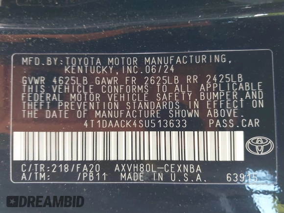 2025 Toyota Camry LE with VIN 4T1DAACK4SU513633, listed as a IAAI auction lot 42034741 with 27,024 mi miles and . Bid and sale history available at DreamBid. Image 9.