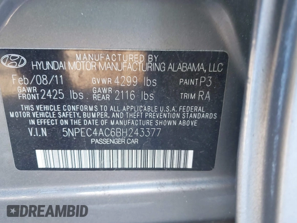 2011 Hyundai Sonata Limited with VIN 5NPEC4AC6BH243377, listed as a IAAI auction lot 41256846 with 136,712 mi miles and . Bid and sale history available at carsss.com. Image 9.