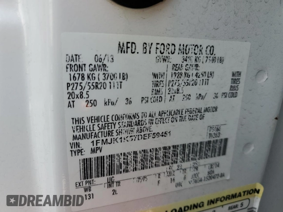 2013 Ford Expedition Max Limited with VIN 1FMJK1K57DEF59451, listed as a Copart auction lot 45117225 with 189,478 mi miles and Salvage title. Bid and sale history available at DreamBid. Image 13.