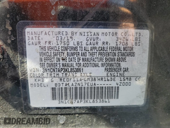 2019 Nissan Versa SV with VIN 3N1CN7AP3KL853861, listed as a Copart auction lot 60297415 with 118,486 mi miles and Salvage title. Bid and sale history available at DreamBid. Image 12.