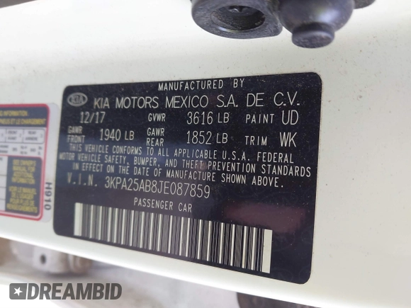 2018 Kia Rio LX with VIN 3KPA25AB8JE087859, listed as a IAAI auction lot 41399650 with 57,770 mi miles and . Bid and sale history available at DreamBid. Image 9.