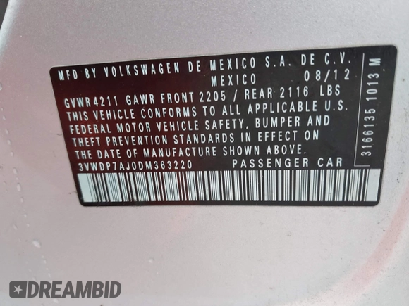 2013 Volkswagen Jetta SE with VIN 3VWDP7AJ0DM363220, listed as a IAAI auction lot 42245043 with 165,498 mi miles and . Bid and sale history available at DreamBid. Image 9.