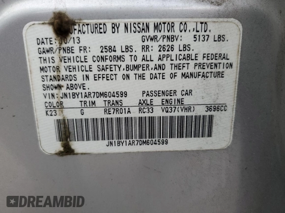 2013 Infiniti M37 with VIN JN1BY1AR7DM604599, listed as a Copart auction lot 71824994 with 0 mi miles and Salvage Title. Bid and sale history available at carsss.com. Image 14.