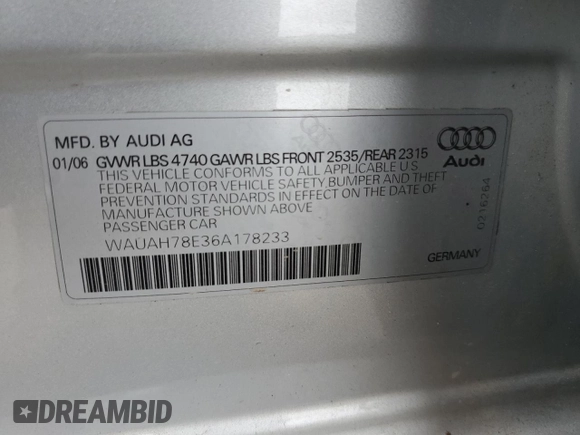 2006 Audi A4 z VIN WAUAH78E36A178233, wystawiony jako Copart lot #72765844 z przebiegiem 79 617 mil mil oraz Szkoda całkowita • Salvage title. Historia ofert i sprzedaży dostępna na DreamBid. Obrazek 13.