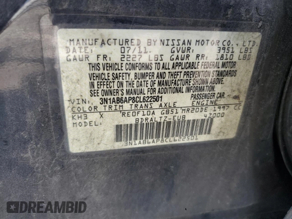 2012 Nissan Sentra SR with VIN 3N1AB6AP8CL622501, listed as a Copart auction lot 59402925 with Not provided miles and Salvage title. Bid and sale history available at DreamBid. Image 13.