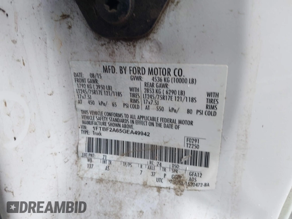 2016 Ford F-250 XL with VIN 1FTBF2A65GEA49942, listed as a IAAI auction lot 41903493 with 177,894 mi miles and . Bid and sale history available at DreamBid. Image 9.