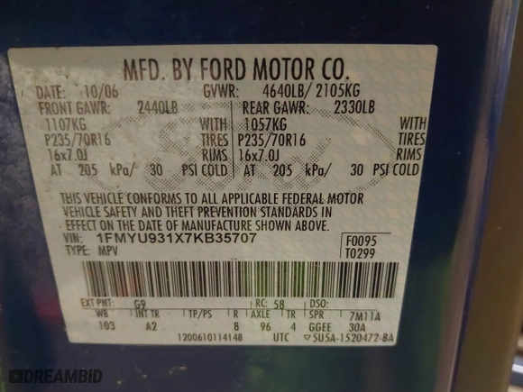 2007 Ford Escape XLT with VIN 1FMYU931X7KB35707, listed as a IAAI auction lot 41488192 with 144,285 mi miles. Bid and sale history available at carsss.com. Image 9.