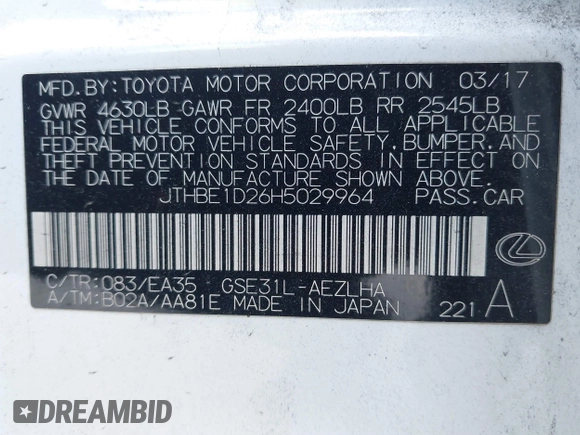 2017 Lexus IS 350 with VIN JTHBE1D26H5029964, listed as a IAAI auction lot 41891131 with 116,033 mi miles and . Bid and sale history available at DreamBid. Image 9.