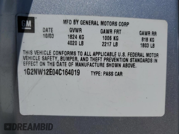 2004 Pontiac Grand Am GT z VIN 1G2NW12E04C164019, wystawiony jako Copart lot #49780625 z przebiegiem 154 894 mil mil oraz Szkoda całkowita • Salvage title. Historia ofert i sprzedaży dostępna na DreamBid. Obrazek 15.