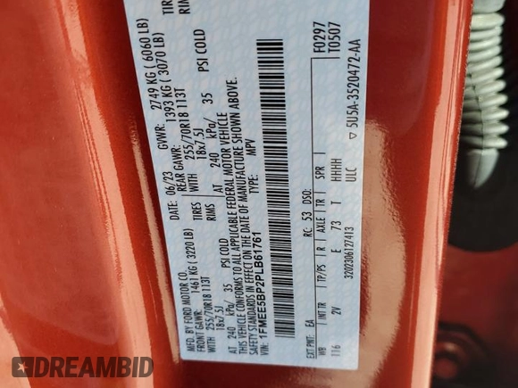2023 Ford Bronco with VIN 1FMEE5BP2PLB61761, listed as a Copart auction lot 46178755 with 17,180 mi miles and Salvage Title. Bid and sale history available at DreamBid. Image 16.