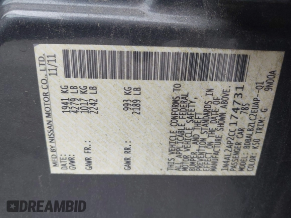 2012 Nissan Altima S with VIN 1N4AL2AP2CC174731, listed as a IAAI auction lot 42717788 with 87,727 mi miles and . Bid and sale history available at DreamBid. Image 9.