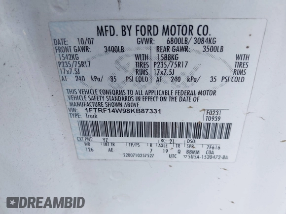 2008 Ford F-150 XL with VIN 1FTRF14W98KB87331, listed as a IAAI auction lot 40583789 with 106,402 mi miles. Bid and sale history available at carsss.com. Image 9.
