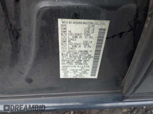 2006 Nissan Frontier SE with VIN 1N6AD07U76C411336, listed as a IAAI auction lot 42339367 with 170,087 mi miles and . Bid and sale history available at DreamBid. Image 9.