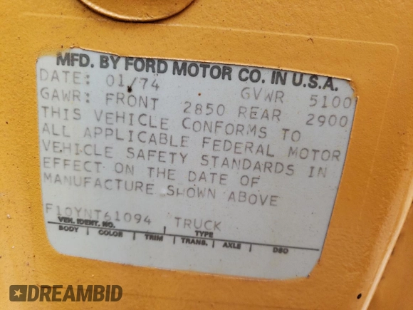 1974 Ford Ranger with VIN F10YNT61094, listed as a Copart auction lot 68050074 with 172,188 mi miles and Salvage Title. Bid and sale history available at DreamBid. Image 13.