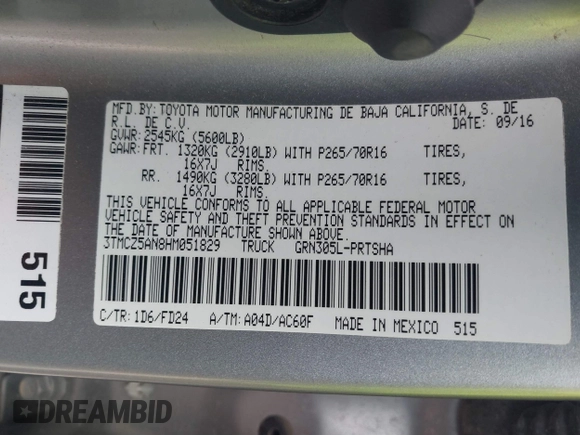 2017 Toyota Tacoma SR5 with VIN 3TMCZ5AN8HM051829, listed as a IAAI auction lot 41616329 with 64,113 mi miles and . Bid and sale history available at DreamBid. Image 9.
