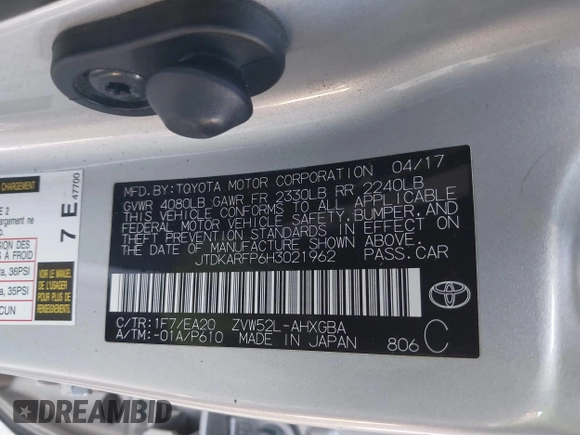 2017 Toyota Prius Plus with VIN JTDKARFP6H3021962, listed as a IAAI auction lot 42235283 with 168,233 mi miles and . Bid and sale history available at DreamBid. Image 9.