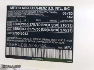 2020 Mercedes-Benz GLE with VIN 4JGFB4JB8LA240189, listed as a IAAI auction lot 41727577 with 51,533 mi miles. Bid and sale history available at carsss.com. Image 9.