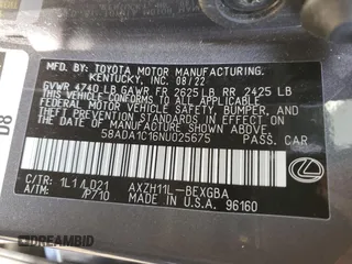 2022 Lexus ES 300h with VIN 58ADA1C16NU025675, listed as a Copart auction lot 54412515 with 33,917 mi miles and Salvage title. Bid and sale history available at DreamBid. Image 12.