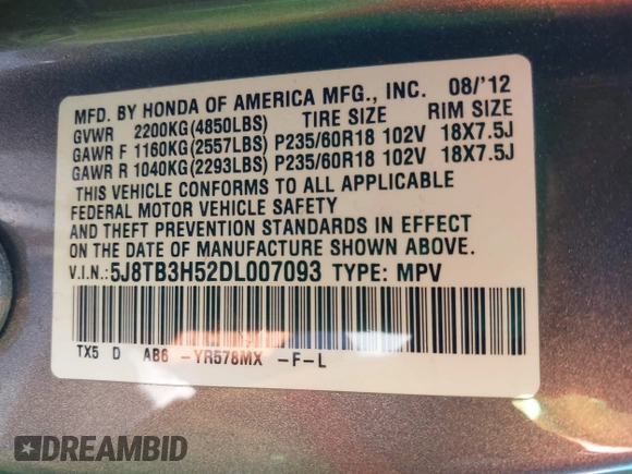 2013 Acura RDX Technology with VIN 5J8TB3H52DL007093, listed as a IAAI auction lot 42228166 with 145,025 mi miles and . Bid and sale history available at carsss.com. Image 9.