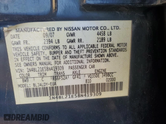 2008 Nissan Altima SE z VIN 1N4BL21E58N419309, wystawiony jako Copart lot #56202215 z przebiegiem 155 868 mil mil oraz Szkoda całkowita • Salvage title. Historia ofert i sprzedaży dostępna na DreamBid. Obrazek 12.
