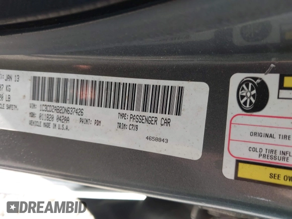2013 Dodge Avenger SE with VIN 1C3CDZAB2DN637426, listed as a IAAI auction lot 42116863 with 95,597 mi miles. Bid and sale history available at carsss.com. Image 9.