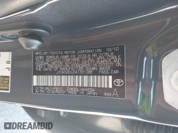 2010 Toyota Prius II with VIN JTDKN3DU0A1301288, listed as a IAAI auction lot 41862462 with 69,412 mi miles and . Bid and sale history available at DreamBid. Image 9.
