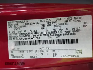 2017 Ford Escape SE with VIN 1FMCU9G97HUA62893, listed as a IAAI auction lot 42160437 with 101,782 mi miles and . Bid and sale history available at carsss.com. Image 9.