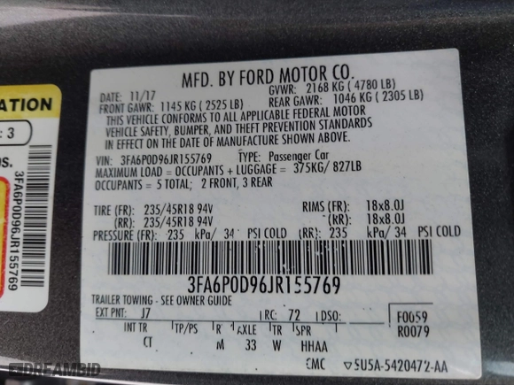 2018 Ford Fusion Titanium with VIN 3FA6P0D96JR155769, listed as a IAAI auction lot 41853177 with 87,839 mi miles. Bid and sale history available at carsss.com. Image 9.