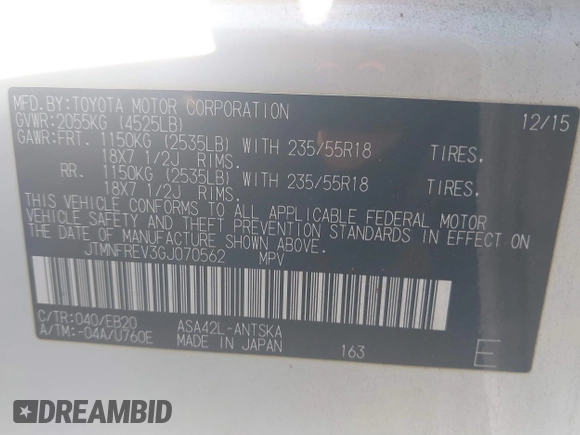 2016 Toyota RAV4 SE with VIN JTMNFREV3GJ070562, listed as a IAAI auction lot 41246655 with 89,174 mi miles and . Bid and sale history available at DreamBid. Image 9.